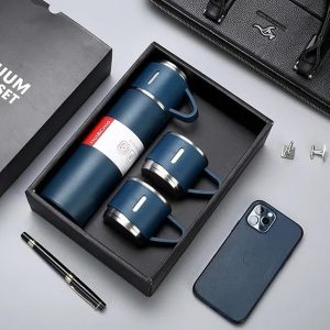 Stainless Steel Vacuum Flask Gift Set, Hot and Cold, Navy Blue, 3 Piece with Cups